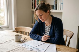 Femme consultant des documents d'assurance auto après un sinistre à son domicile