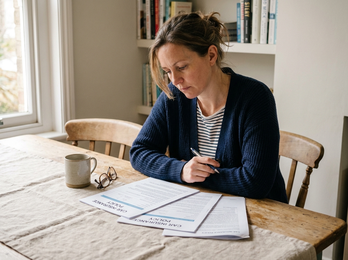 Femme consultant des documents d'assurance auto après un sinistre à son domicile