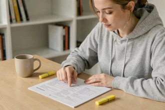 Jeune femme étudiant les questions du permis de conduire 2026 sur un bureau en bois avec un livret imprimé et un surligneur jaune