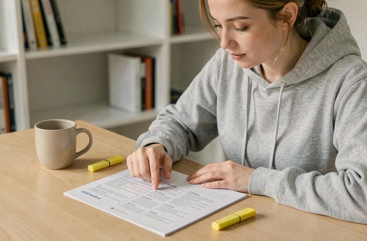 Jeune femme étudiant les questions du permis de conduire 2026 sur un bureau en bois avec un livret imprimé et un surligneur jaune