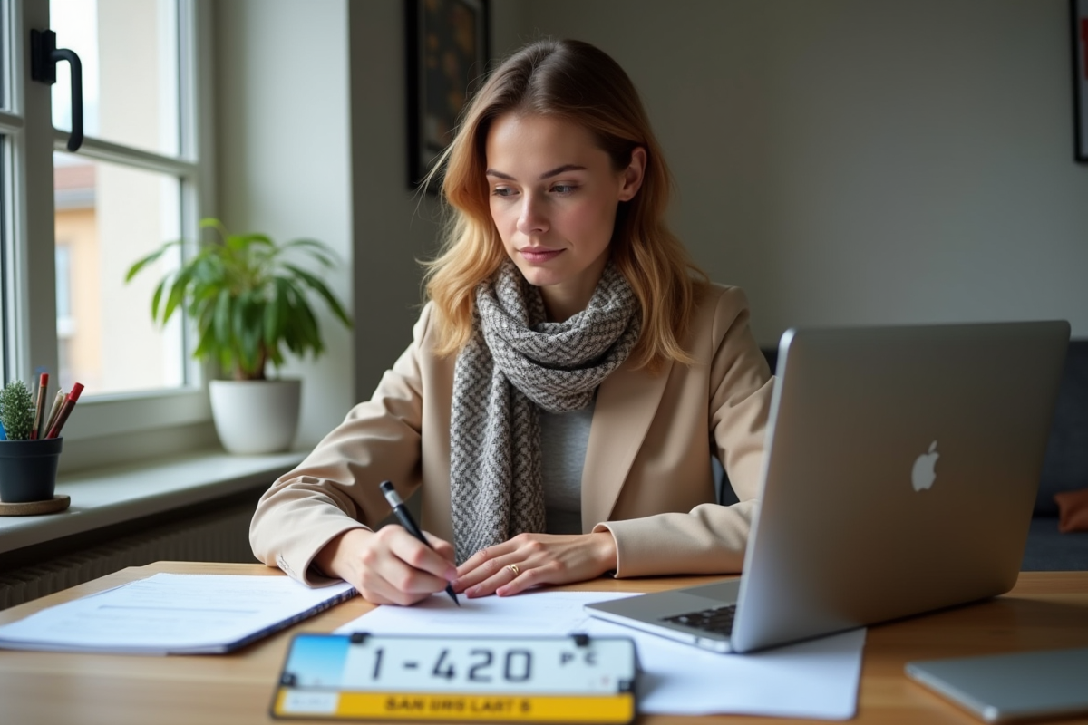 Jeune femme remplissant des formulaires de voiture dans son bureau