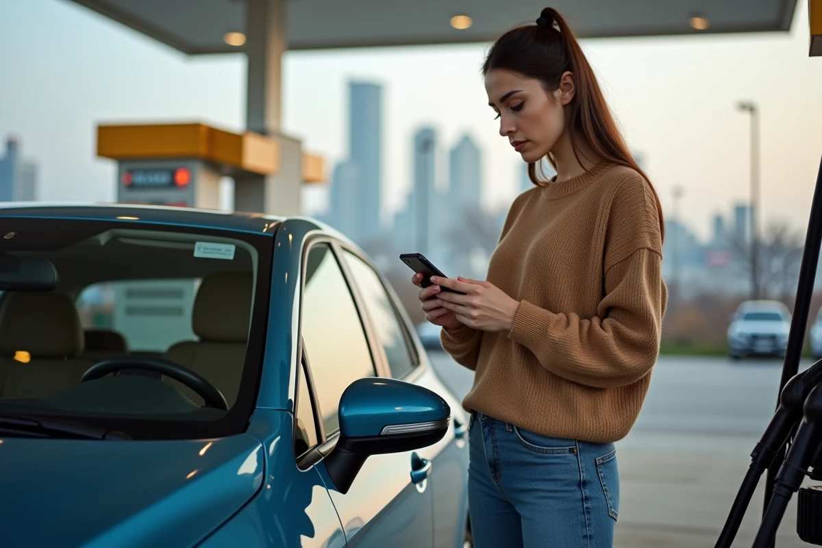 Jeune femme à la station essence utilise son smartphone