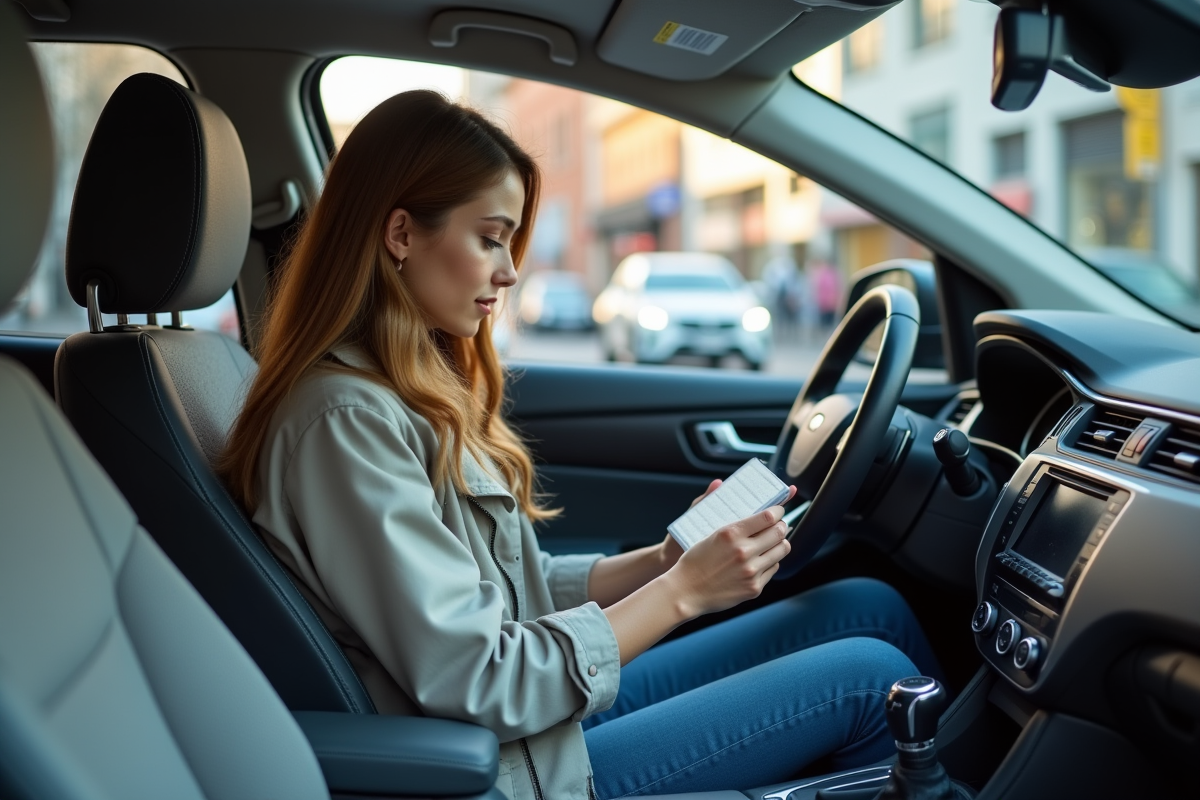 Jeune femme vérifiant un filtre à air dans une voiture