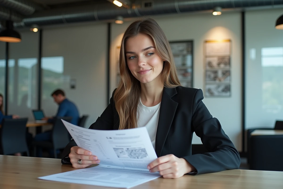 Jeune femme lisant une liste de prix dans un lounge motorsport