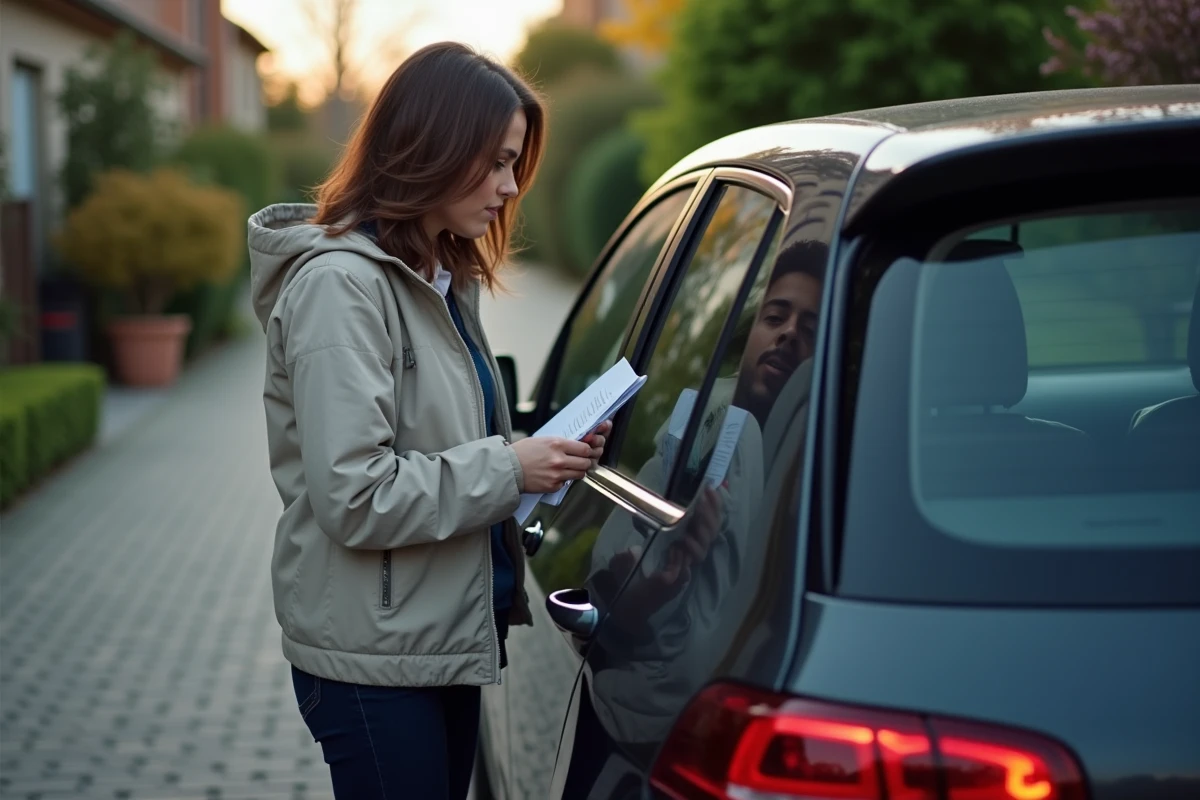 Femme consulte le manuel &agrave; c&ocirc;t&eacute; de sa voiture gar&eacute;e