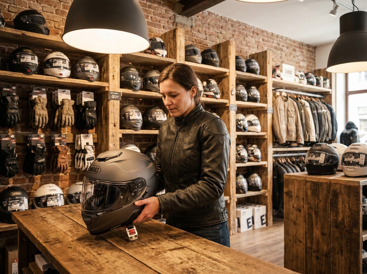Femme motarde posant un casque Shoei sur un comptoir dans une boutique d'équipements moto