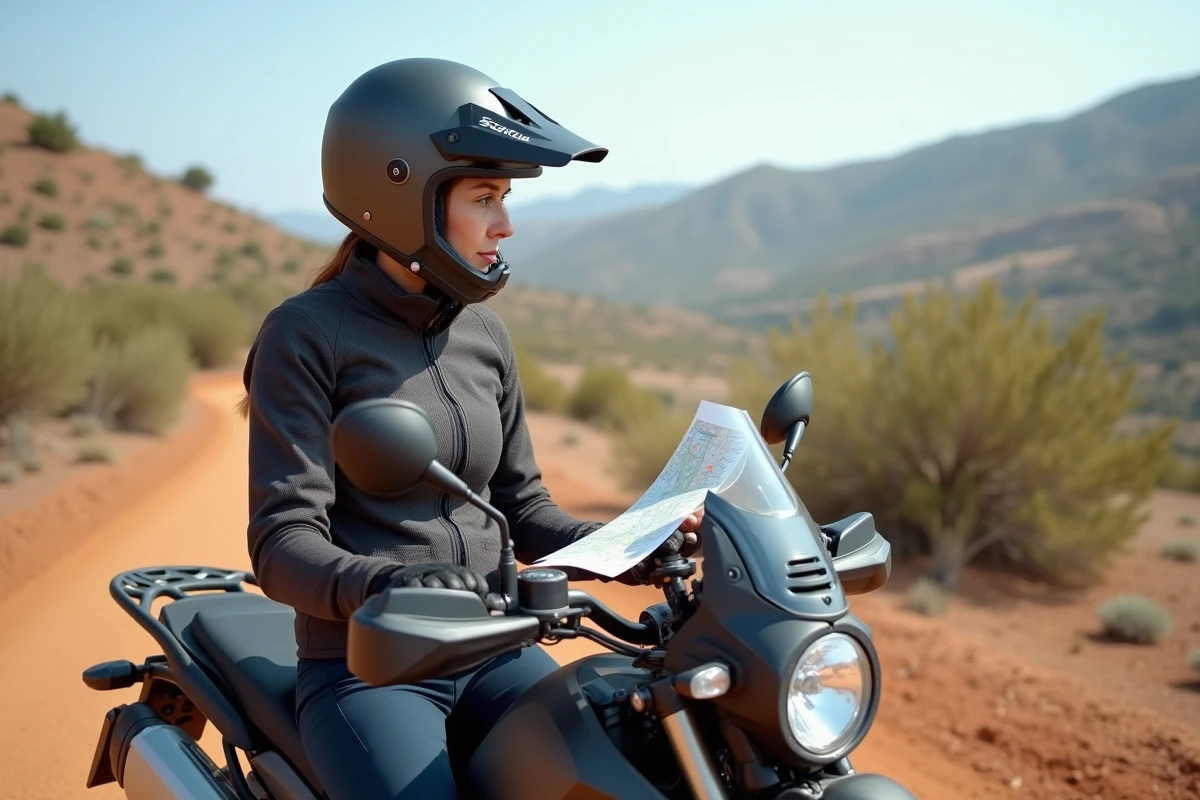 Femme motarde assise sur une moto trail consultant une carte de route face à un panorama de collines pour planifier sa reprise