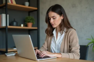 Femme saisissant son numéro de permis en ligne sur un ordinateur