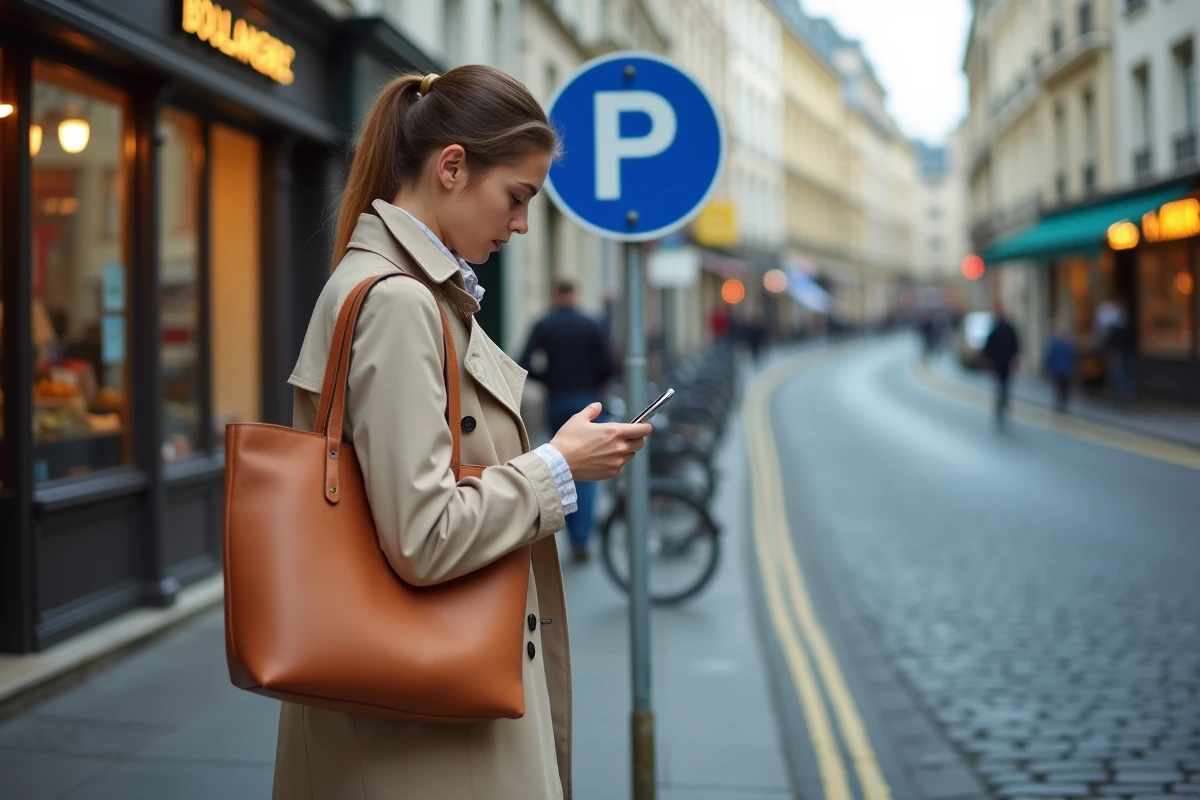 Femme consultant son téléphone devant un panneau de zone de livraison en pointillés sur un trottoir en France