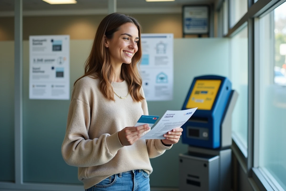 Femme fran&ccedil;aise tenant son permis de conduire dans un bureau