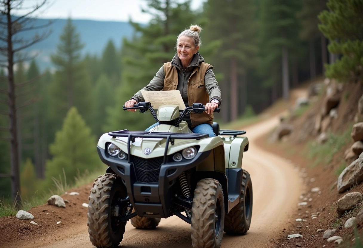 Femme sur un quad électrique en forêt
