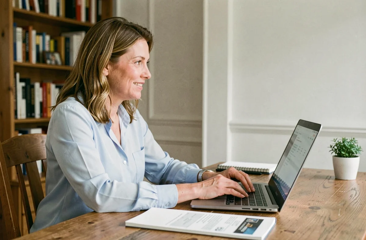 Femme recherchant le code autoradio via le numéro VIN sur un ordinateur portable à son bureau