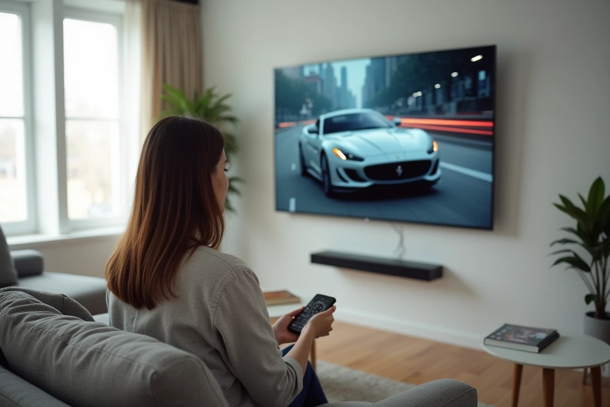 Femme regardant un spot publicitaire Peugeot 5008 sur un écran de télévision dans un salon contemporain minimaliste
