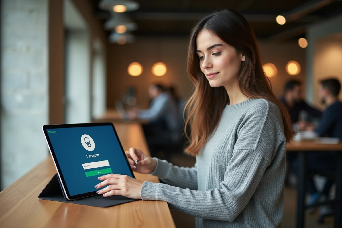 Jeune femme consultant une interface de réinitialisation de mot de passe sur une tablette dans un espace de coworking moderne