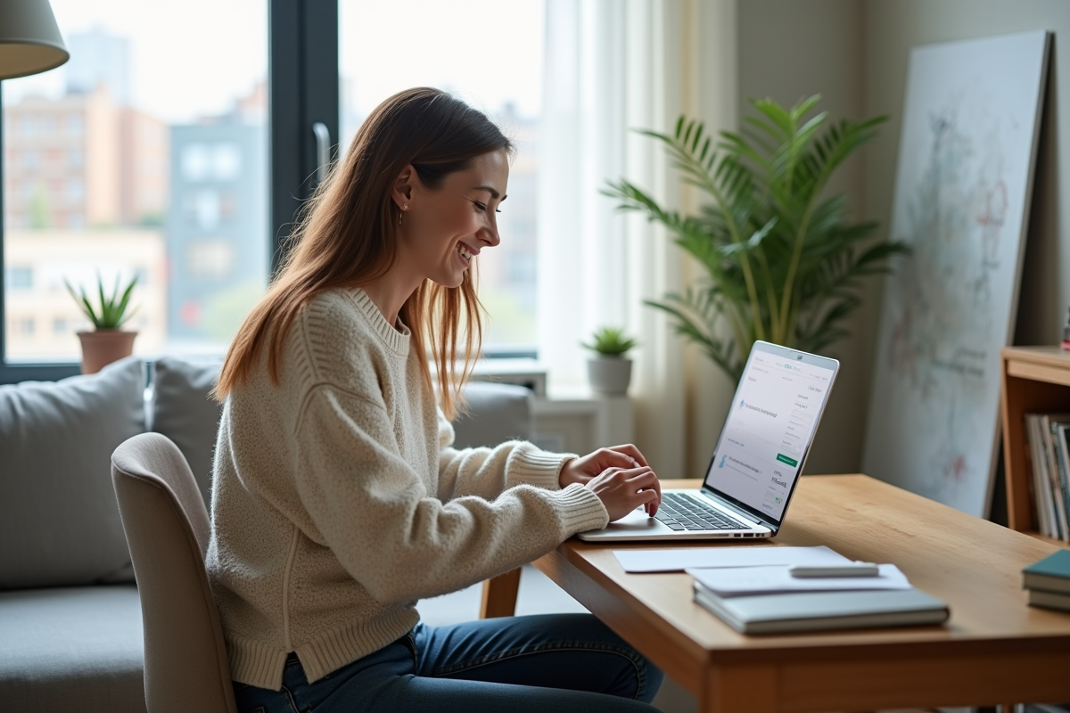 Jeune femme souriante vérifiant extension garantie sur son ordinateur