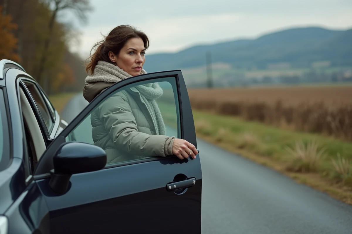 Femme examinant le tableau de bord de sa voiture en campagne