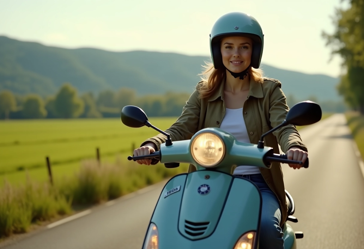 Jeune femme portant casque en scooter dans la campagne ensoleillee