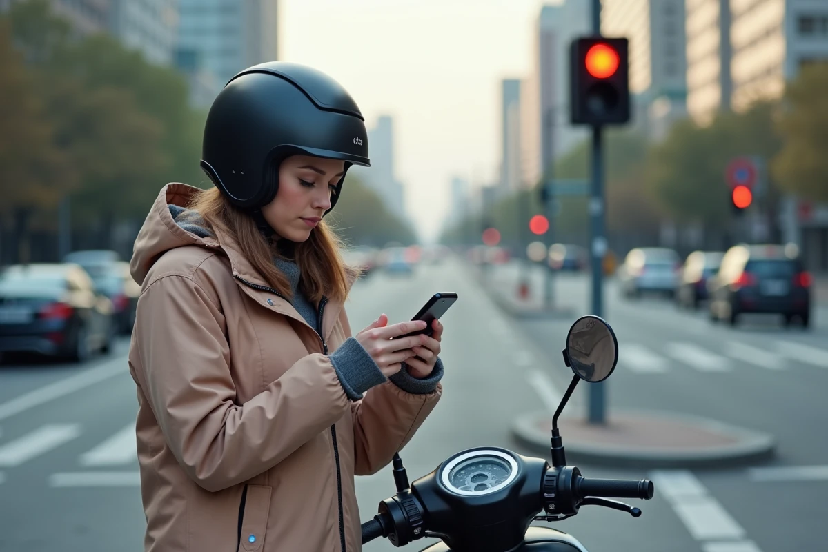 Femme vérifiant une application de navigation sur son scooter en ville
