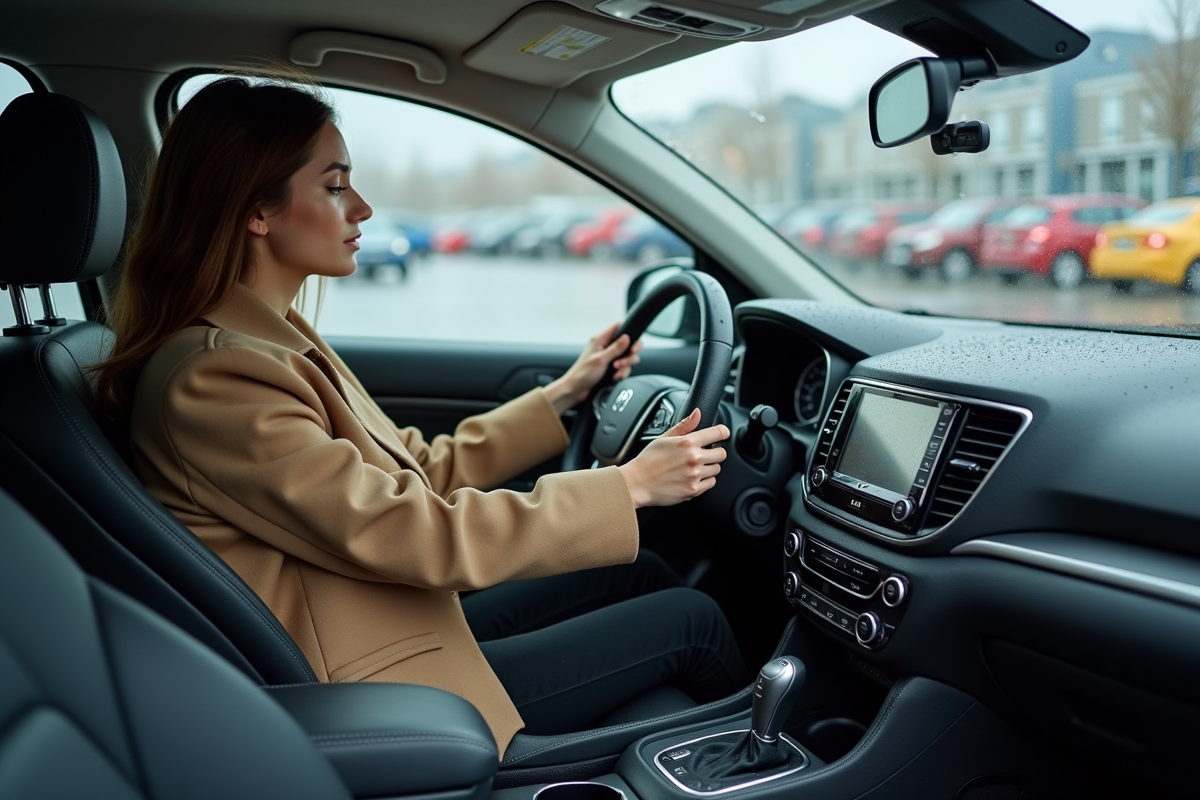 Femme dans une voiture sous la pluie dans un parking