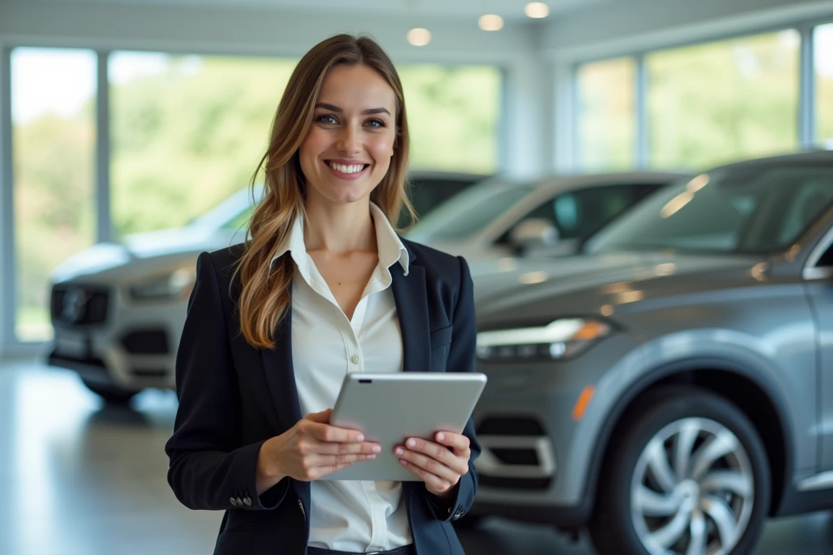 Femme souriante dans un showroom automobile moderne