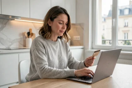 Femme souscrivant une assurance auto pas chère en ligne avec paiement mensuel depuis son domicile