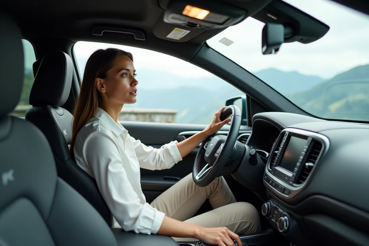 Femme dans SUV au sommet avec paysage alpin