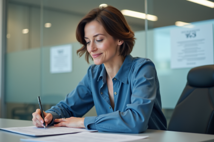 Femme en blouse bleue remplissant des papiers au bureau
