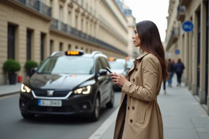 Femme &eacute;l&eacute;gante avec trench attend taxi &agrave; Bordeaux