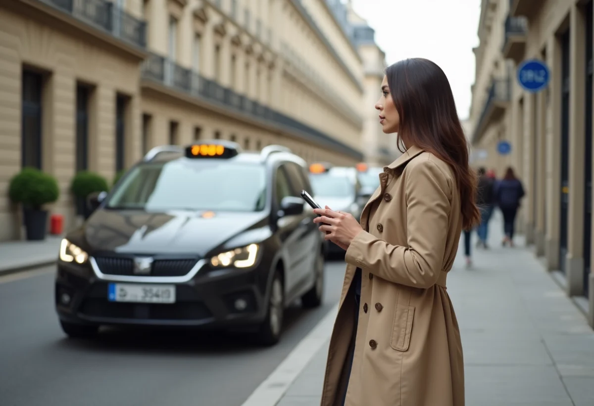 Femme élégante avec trench attend taxi à Bordeaux