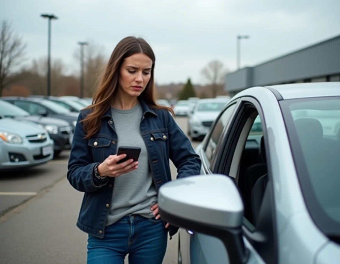 Femme vérifiant l'historique d'un véhicule d'occasion avec carVertical sur smartphone dans un parking de concessionnaire