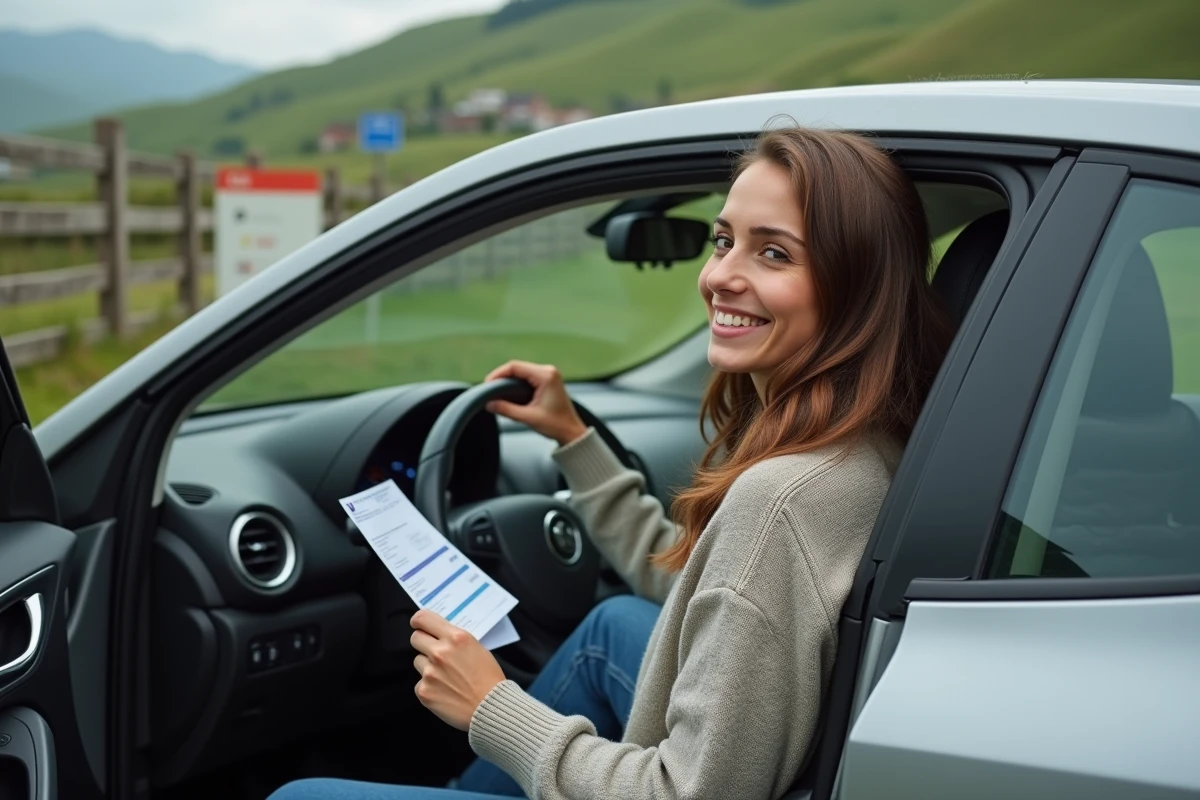 Jeune femme dans une voiture électrique en campagne ensoleillée