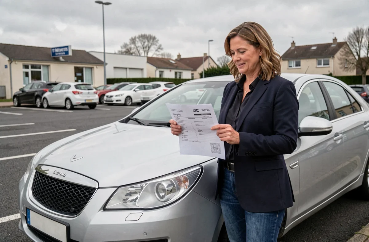Femme debout près de sa voiture tenant une carte grise française et vérifiant les chevaux fiscaux