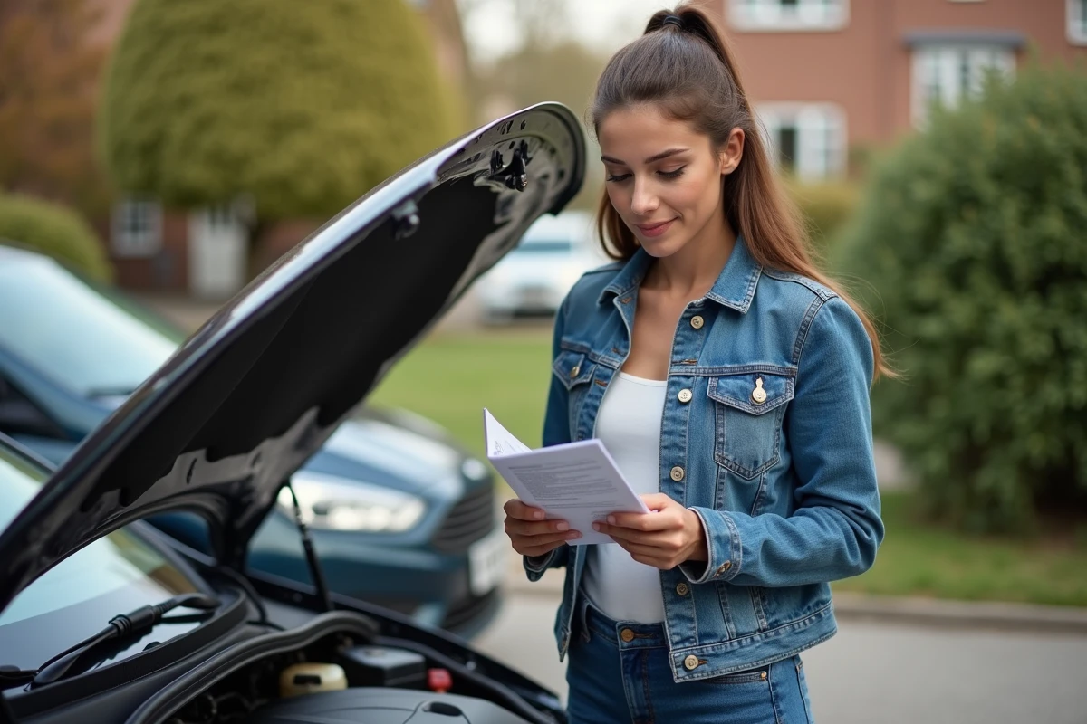 Jeune femme lisant le manuel auto devant sa voiture