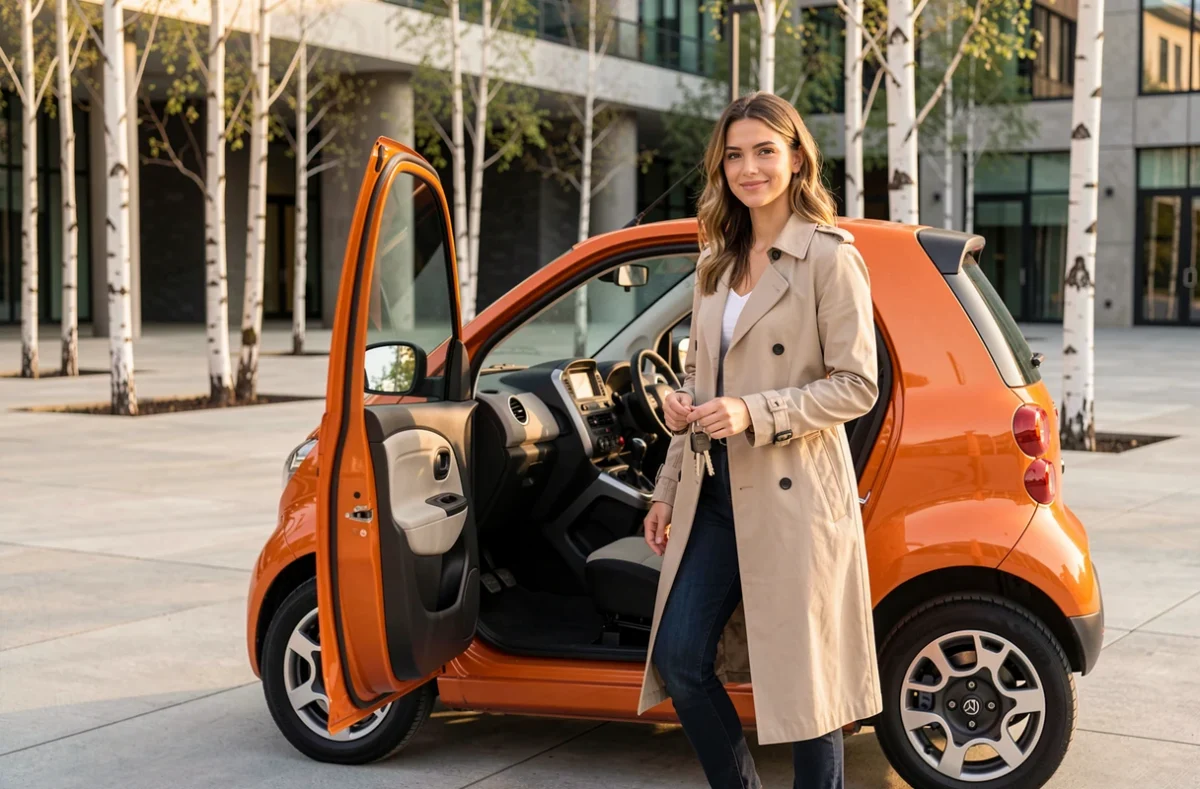 Jeune femme sortant d'une Citroën Ami orange dans un espace urbain moderne