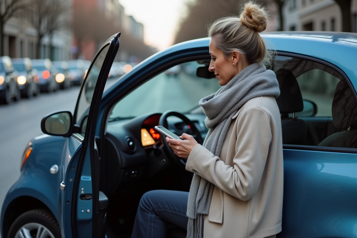 Femme regardant son smartphone &agrave; c&ocirc;t&eacute; de sa voiture
