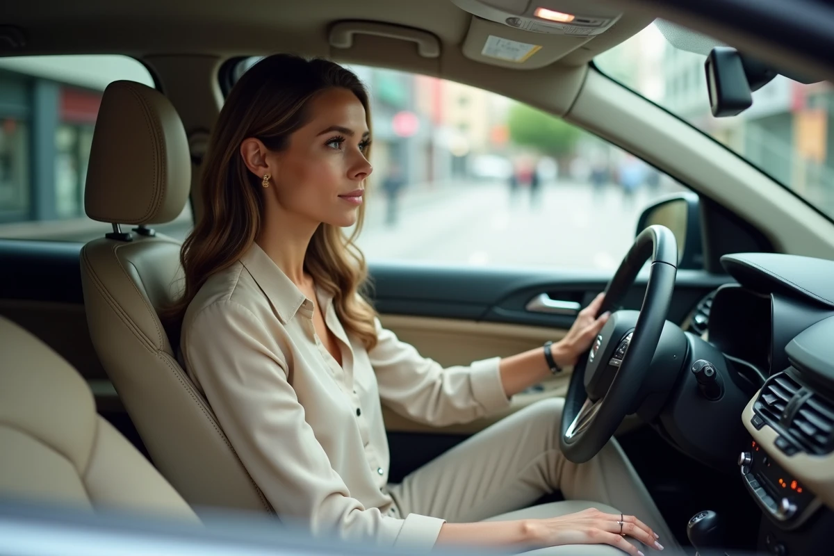 Femme dans une voiture citadine en ville avec vue sur la rue
