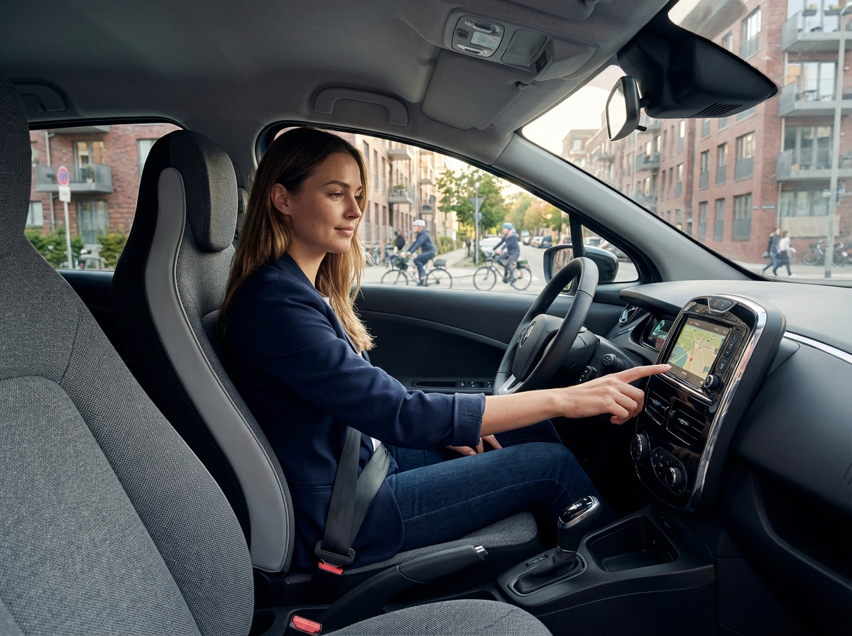 Jeune femme dans une voiture urbaine moderne
