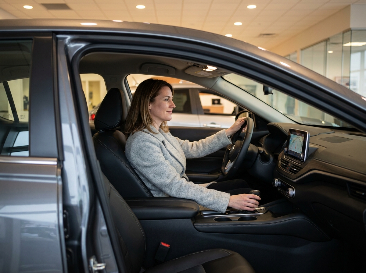 Une femme assise au volant d'une Nissan dans une concession spécialisée, découvrant l'intérieur moderne du véhicule
