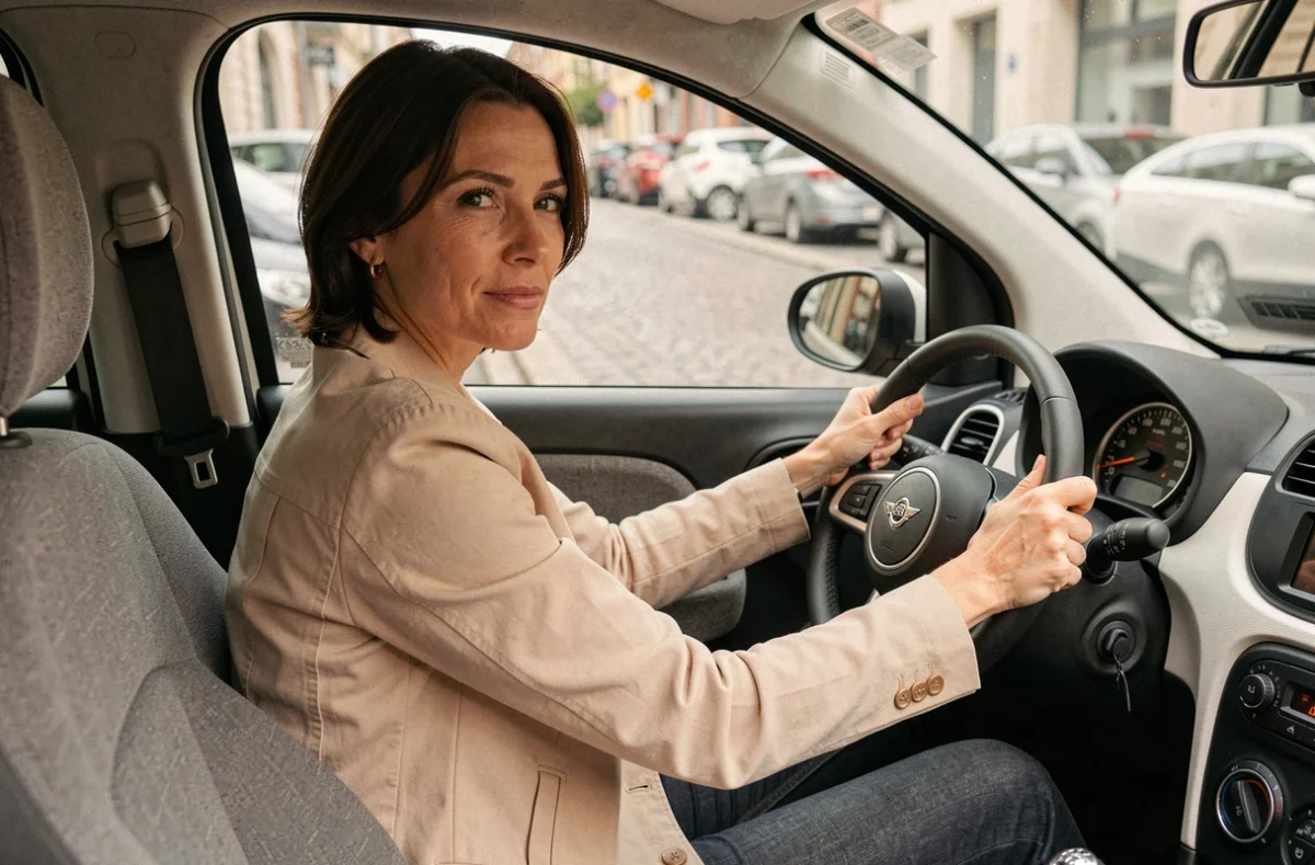 Femme au volant d'une voiture sans permis dans un environnement urbain