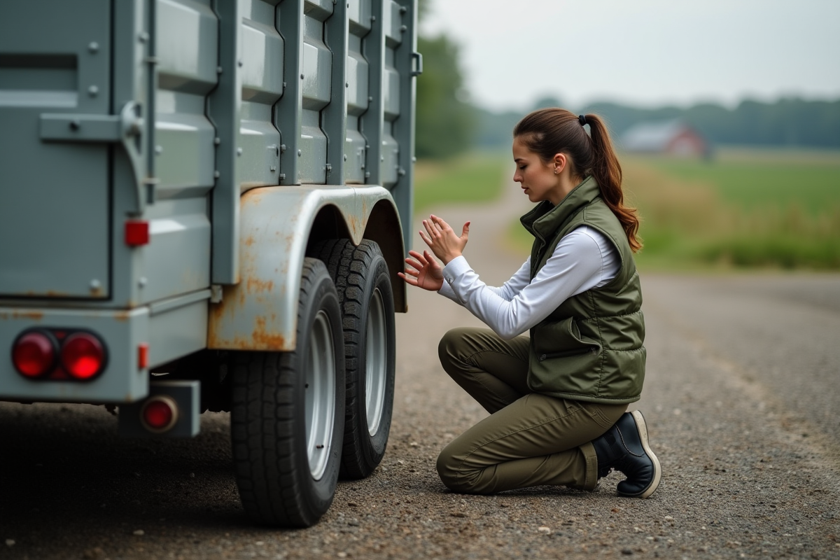 Jeune femme inspectant les feux d’un remorque agricole
