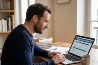 Homme consultant un formulaire de crédit auto en ligne sur son ordinateur portable à la maison