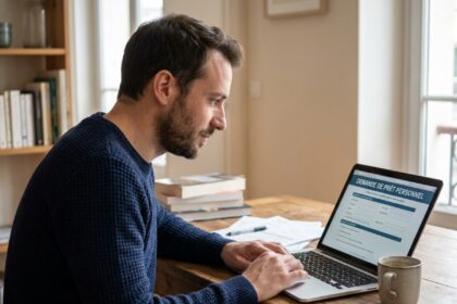 Homme consultant un formulaire de crédit auto en ligne sur son ordinateur portable à la maison