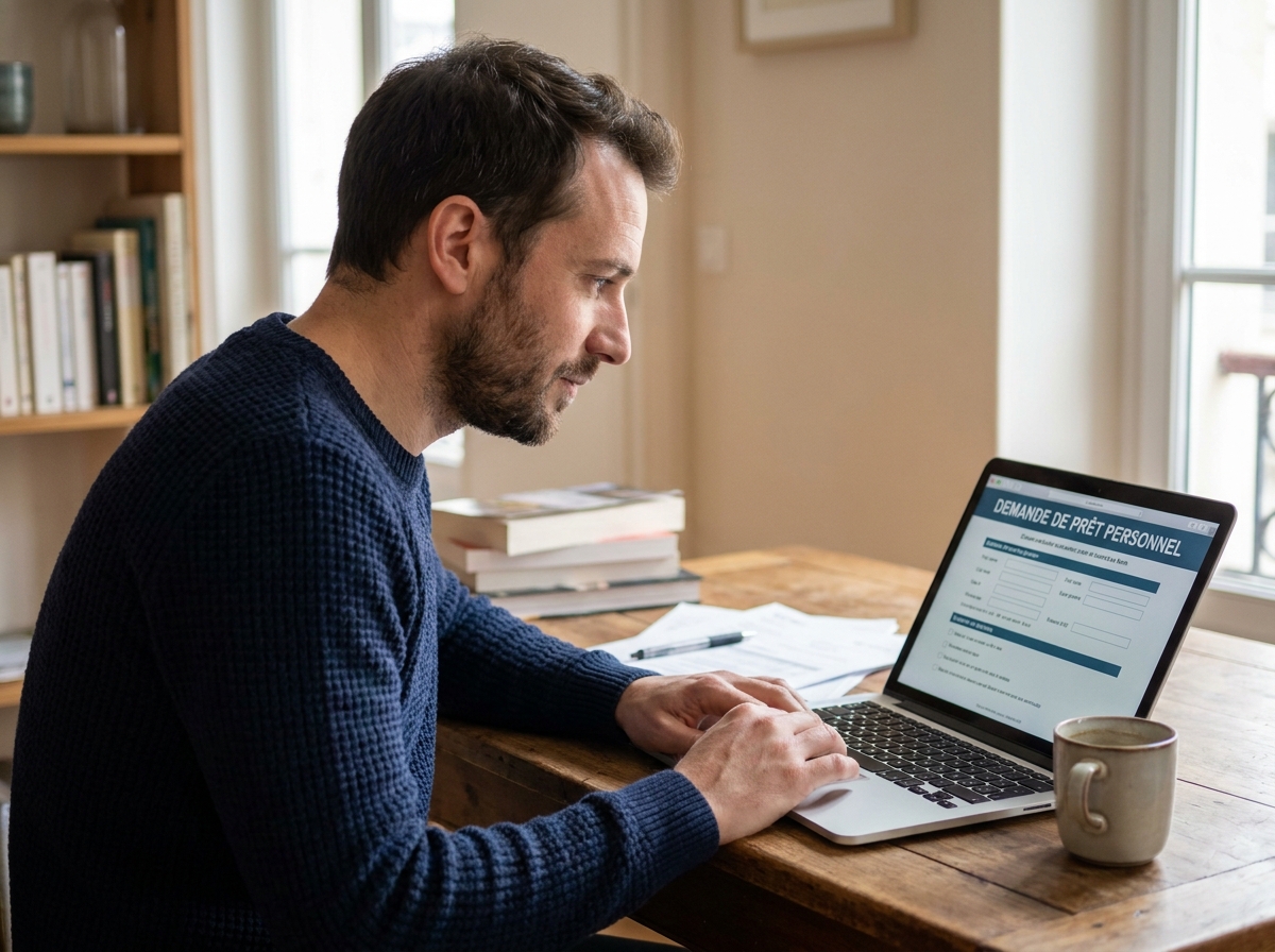 Homme consultant un formulaire de crédit auto en ligne sur son ordinateur portable à la maison