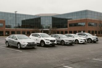 Flotte de véhicules d'entreprise alignés dans un parking professionnel, vue en perspective