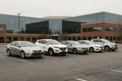 Flotte de véhicules d'entreprise alignés dans un parking professionnel, vue en perspective