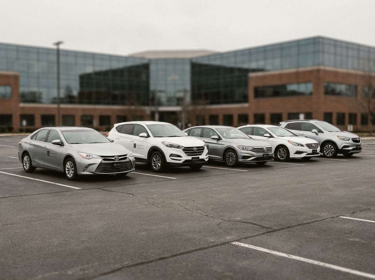 Flotte de véhicules d'entreprise alignés dans un parking professionnel, vue en perspective