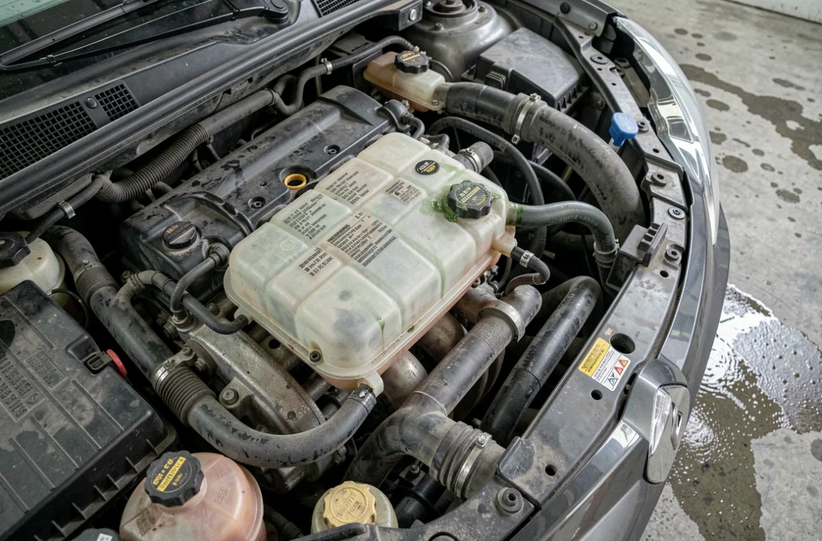 Vase d'expansion du liquide de refroidissement d'une Megane 3 avec traces de fuite visible autour des durites