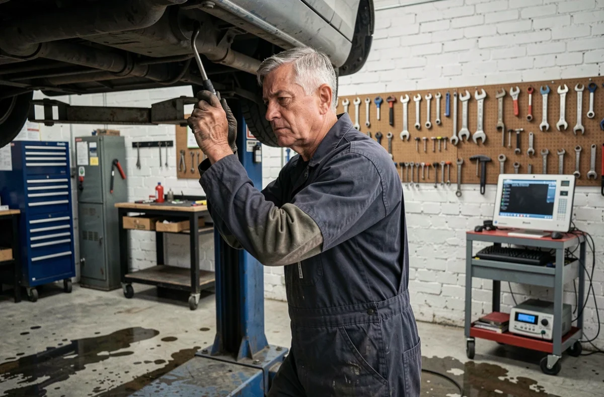 Mécanicien du Garage Andris travaillant sous un véhicule surélevé dans l'atelier