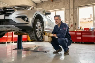 Mécanicien automobile professionnel inspectant un SUV sur un pont élévateur dans un garage des Bouches-du-Rhône