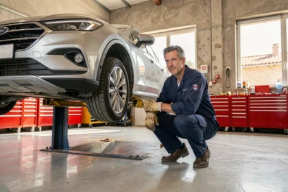 Mécanicien automobile professionnel inspectant un SUV sur un pont élévateur dans un garage des Bouches-du-Rhône